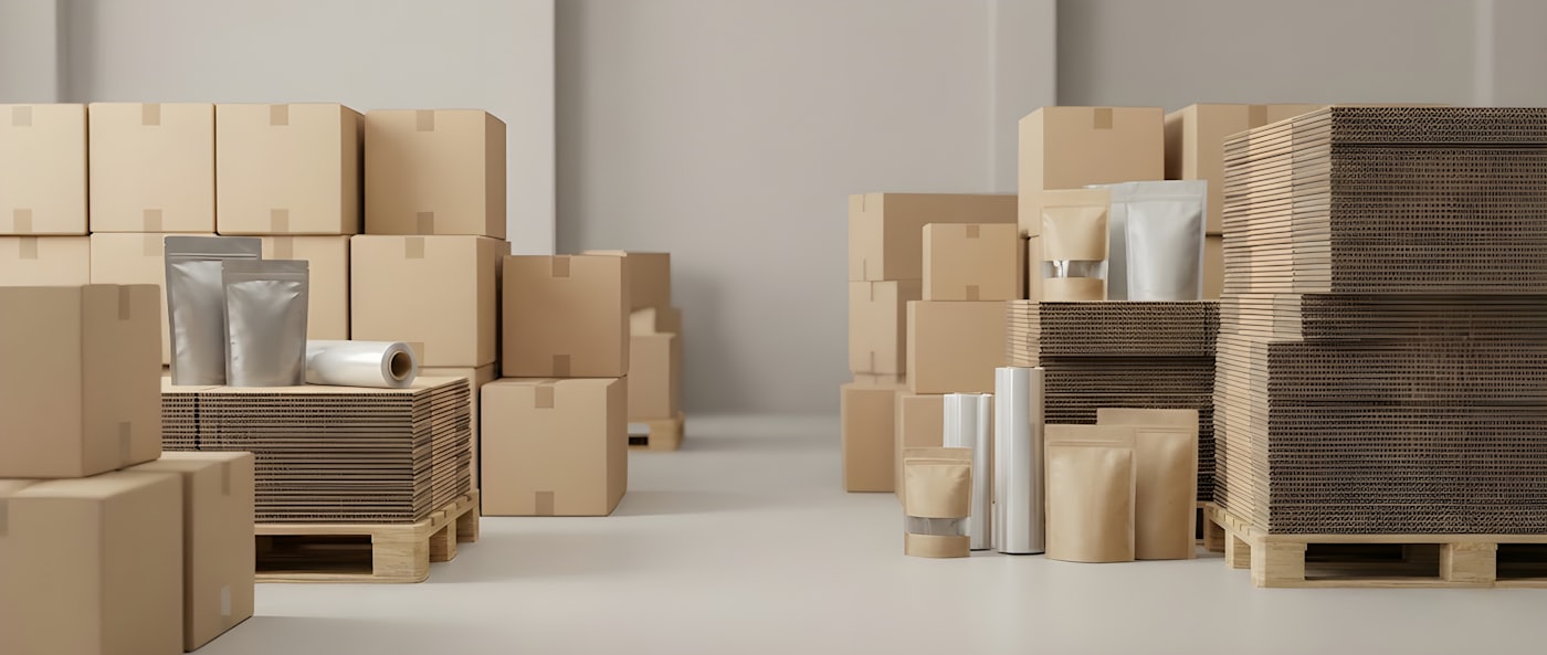 Stacked corrugated boxes, kraft pouches and corrugated sheets arranged in a studio