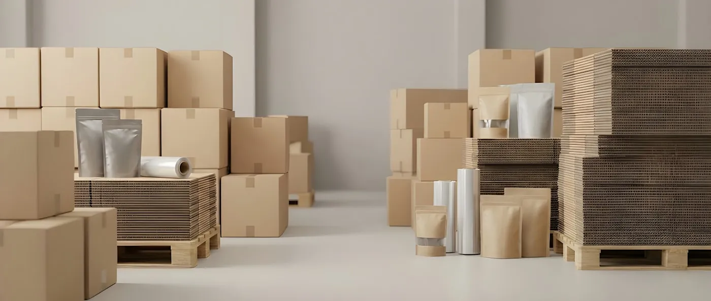 Stacked corrugated boxes, kraft pouches and corrugated sheets arranged in a studio