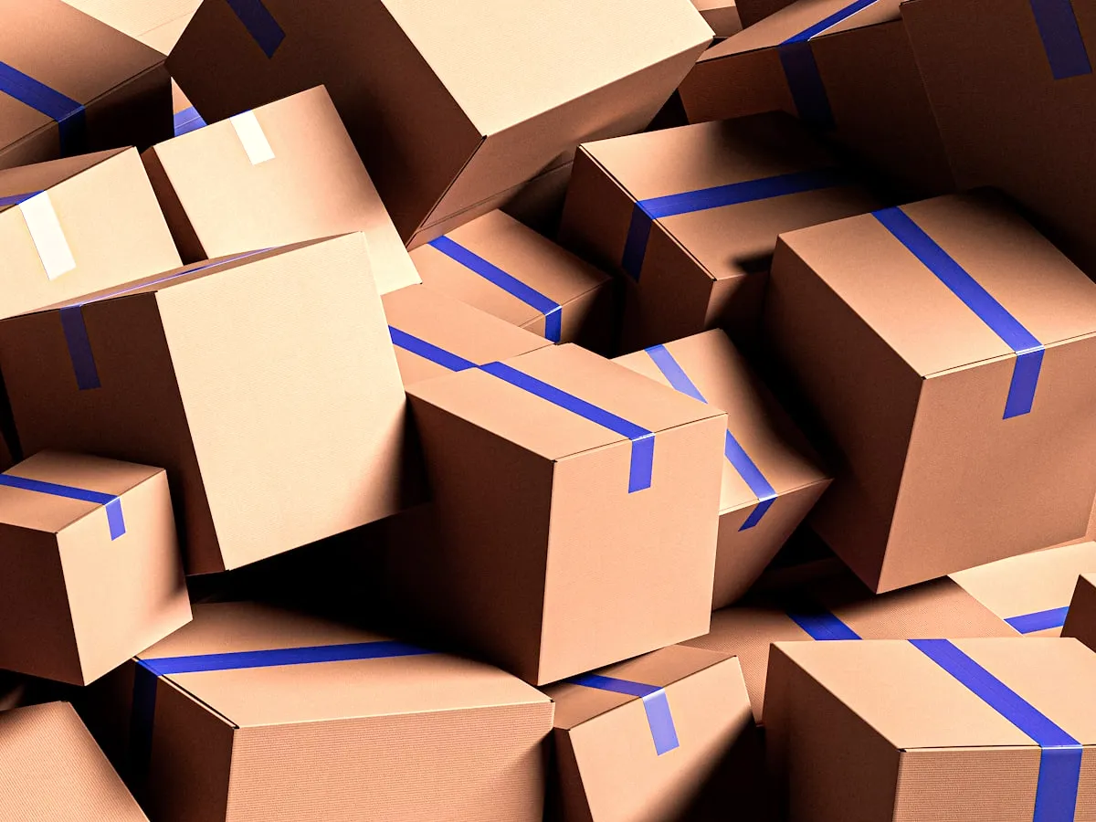 A pile of sealed brown shipping cartons taped with royal-blue packing tape.