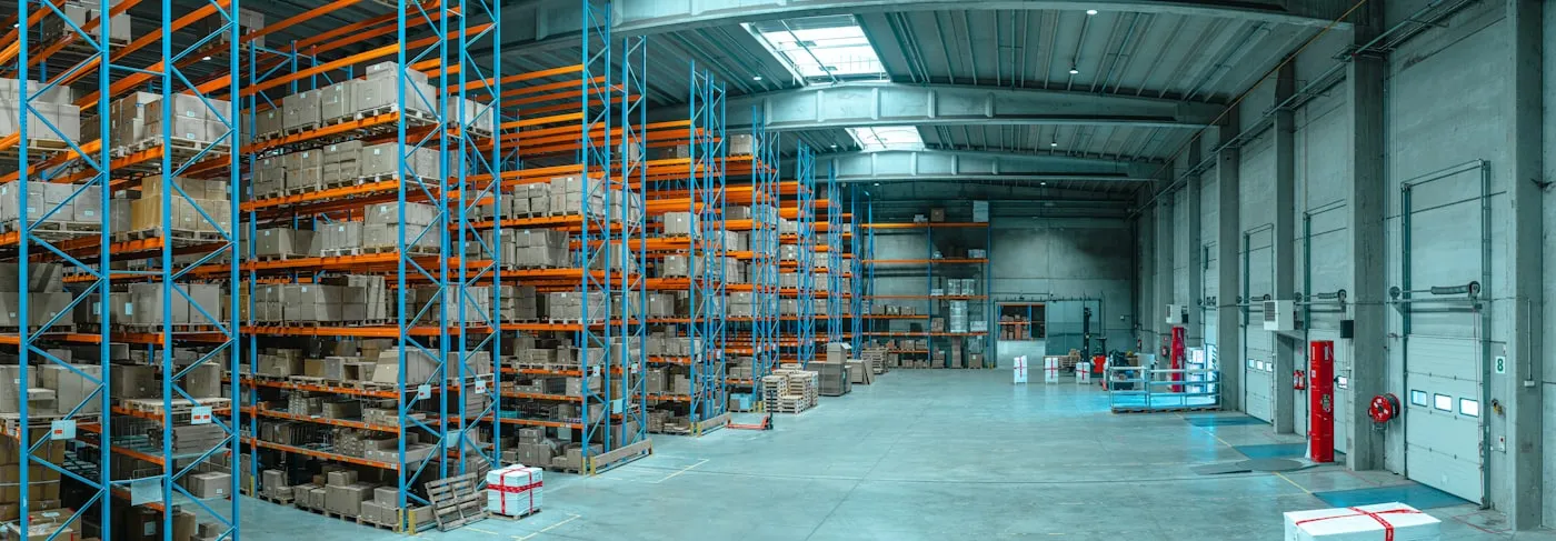Wide view of a modern warehouse interior with tall racking and palletised goods