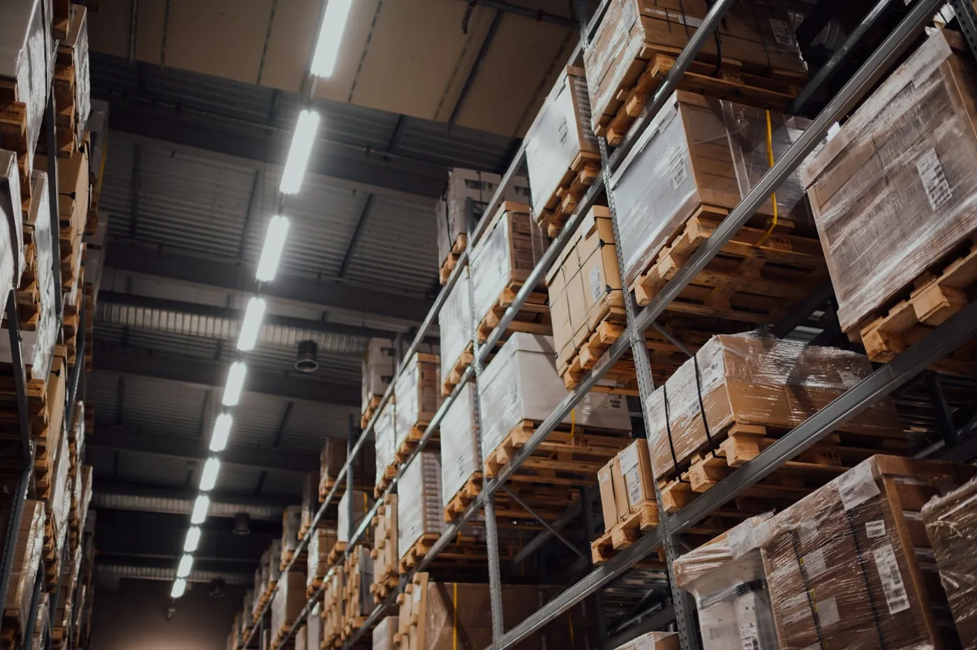 Interior of the Delhi Packaging manufacturing facility with shelves of palletised boxes