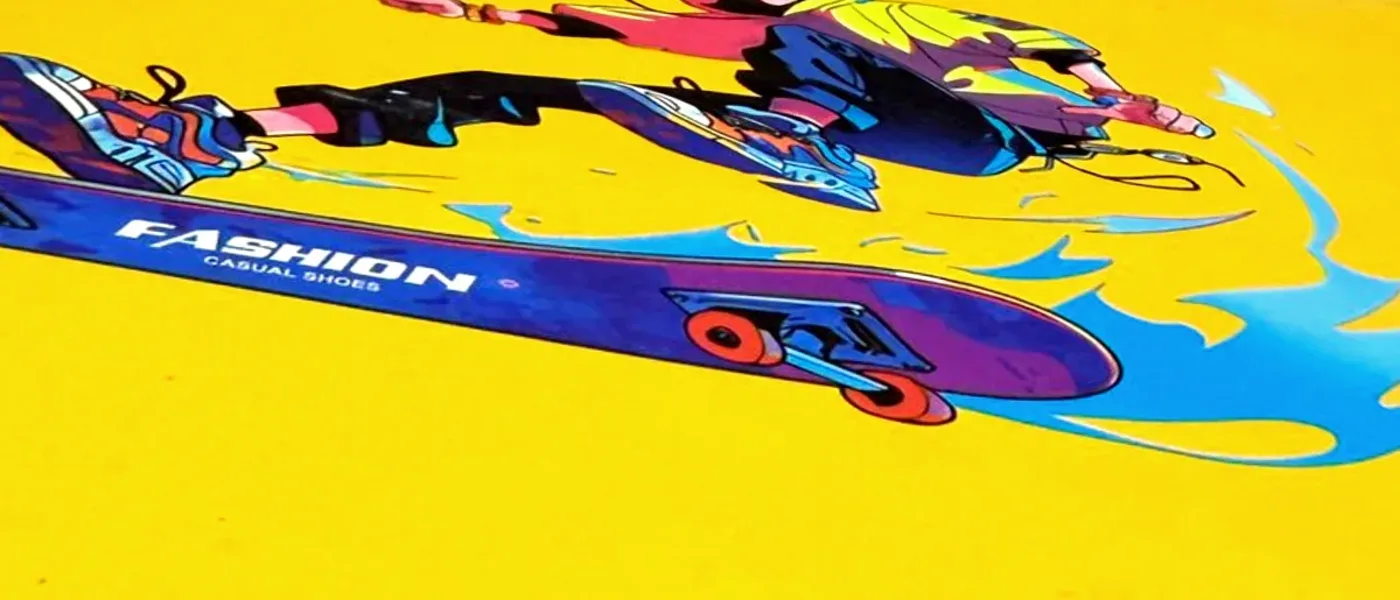 Close-up of a multi-colour skater graphic printed on a shoe-box lid